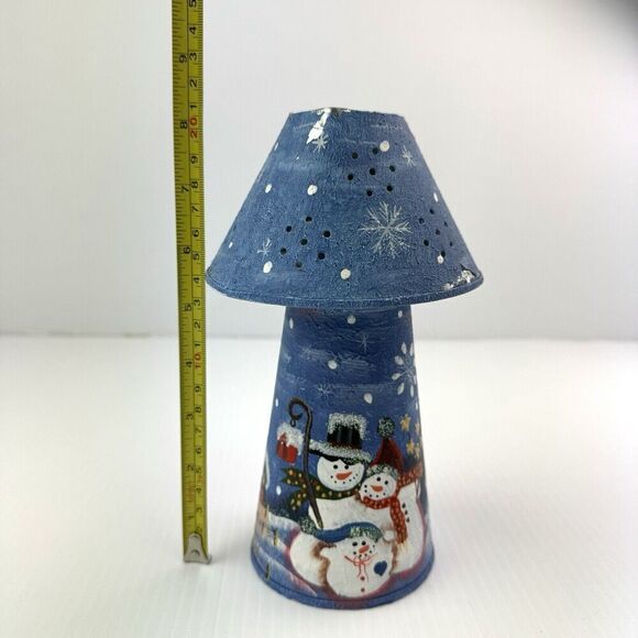 Vintage Christmas Lighthouse Candle Tea Light Snowman Winter Luminary Blue Metal - Picture 8 of 9